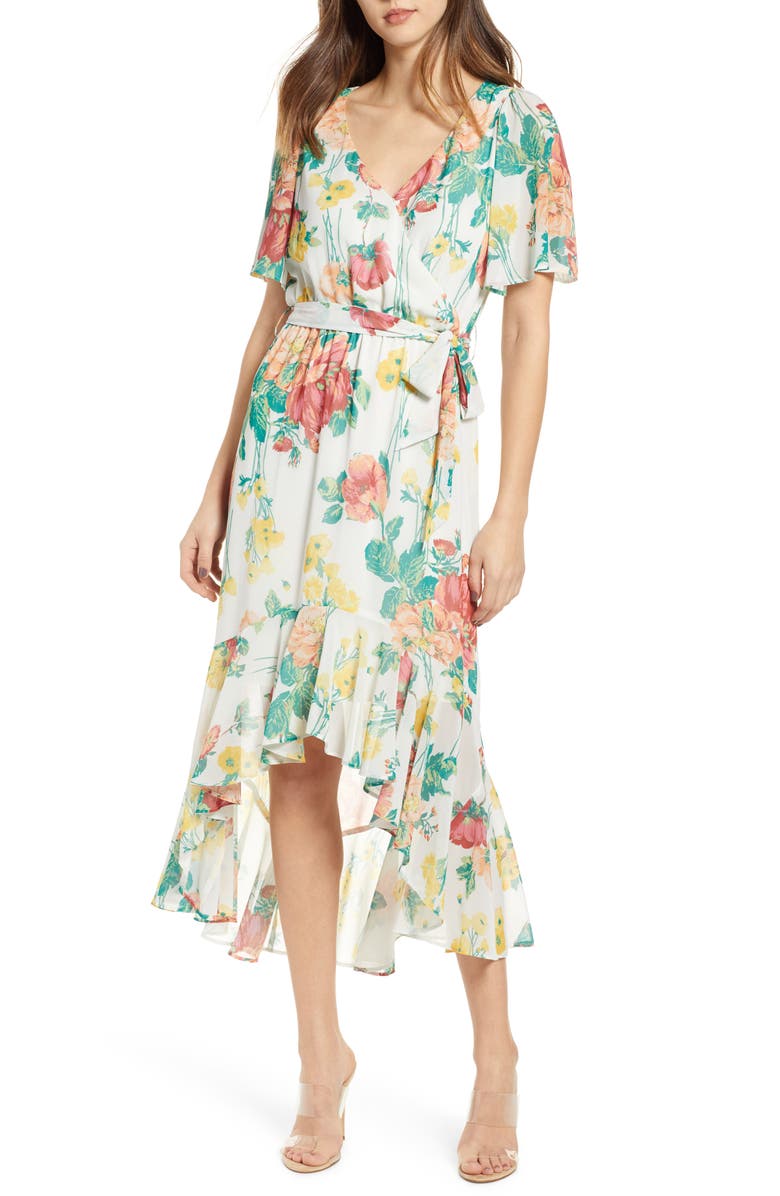 Leith Flutter Sleeve High/Low Dress, Main, color, Ivory Bold Rose