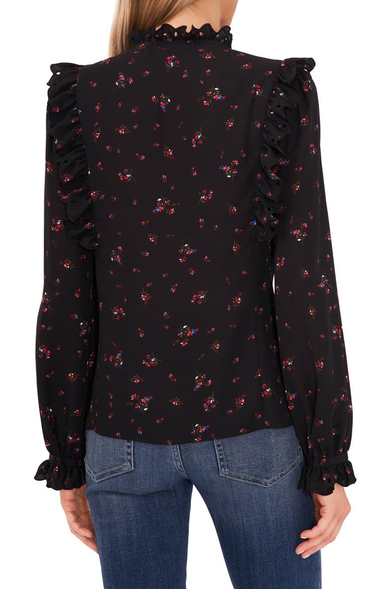 Floral Ruffle Split Neck Blouse, Alternate, color, RICH BLACK