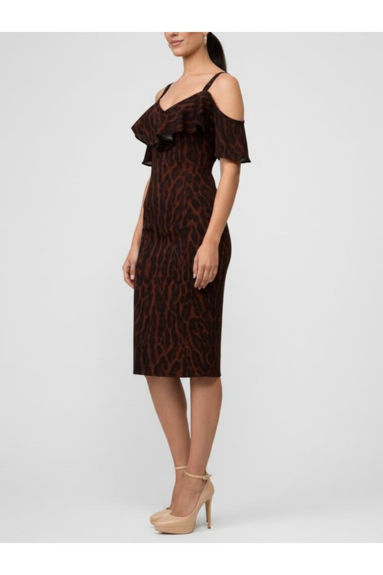 Marcella Printed Off the Shoulder Ruffle Midi Dress, Alternate, color, Holiday Leopard