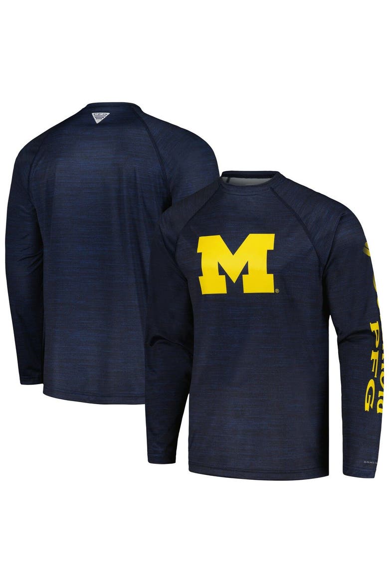 Men's Columbia  Navy Michigan Wolverines PFG Terminal Tackle Omni-Shade Raglan Long Sleeve T-Shirt, Main, color, Navy