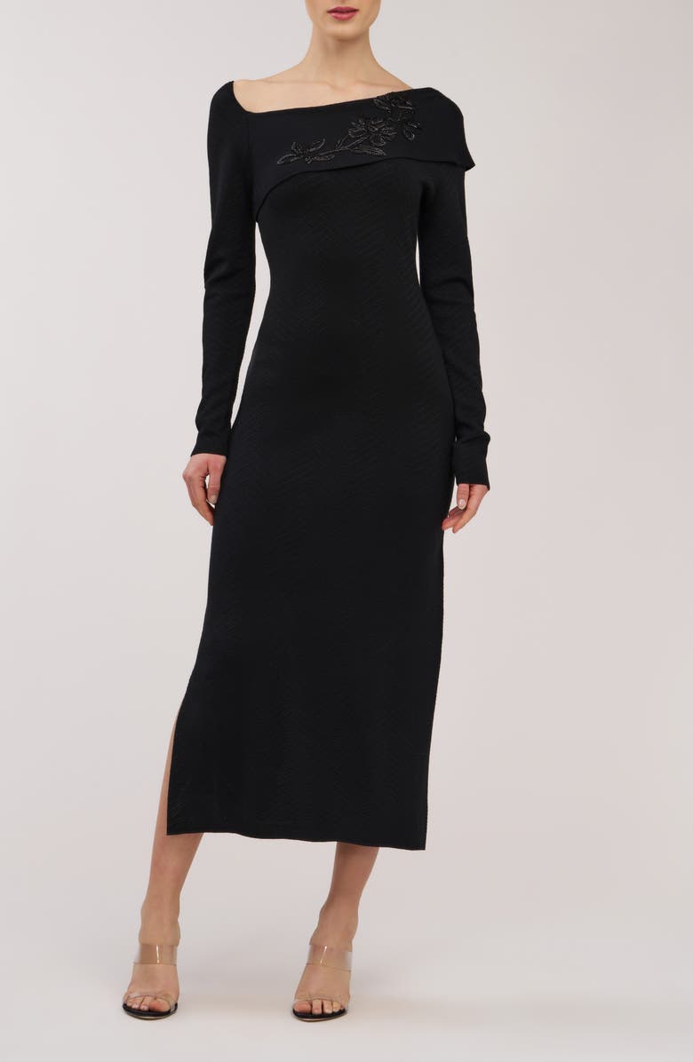 Kay Unger Imani Beaded Long Sleeve Midi Dress, Main, color, Black