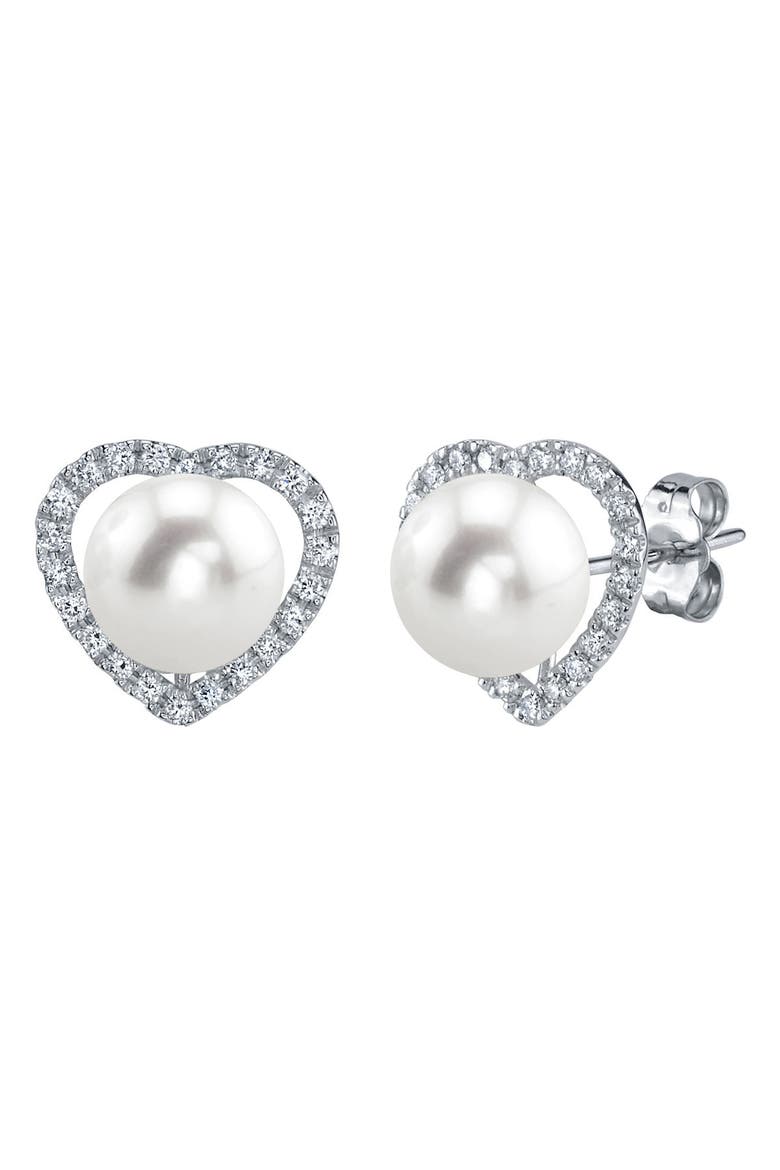 Freshwater Pearl & Diamond Heart Amour Earrings, Main, color, White Gold