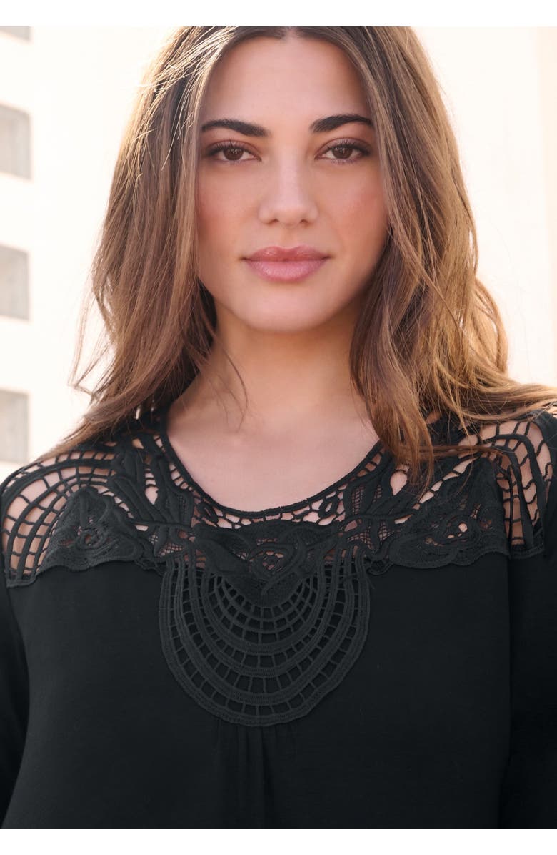 Roaman's Lace Embellished Swing Ultra Femme Top, Alternate, color, Black