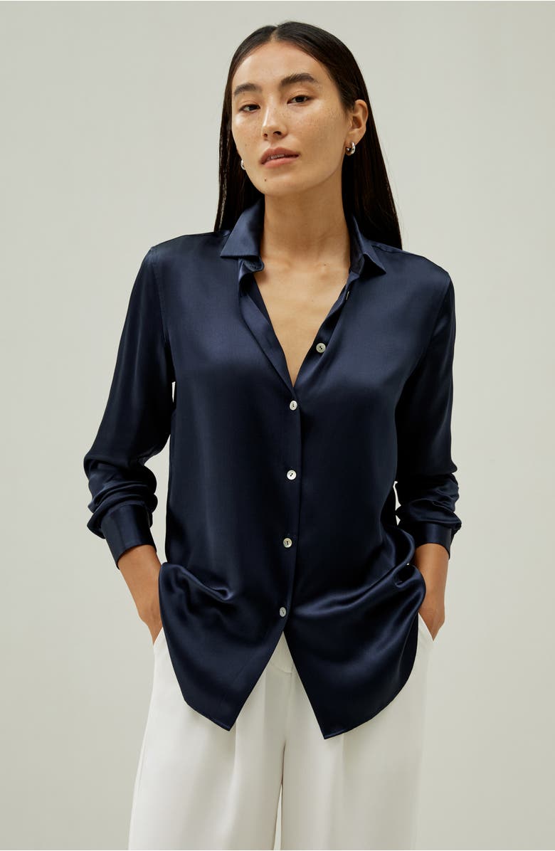 Lilysilk Elegant Button Up Silk Shirt, Alternate, color, Navy Blue