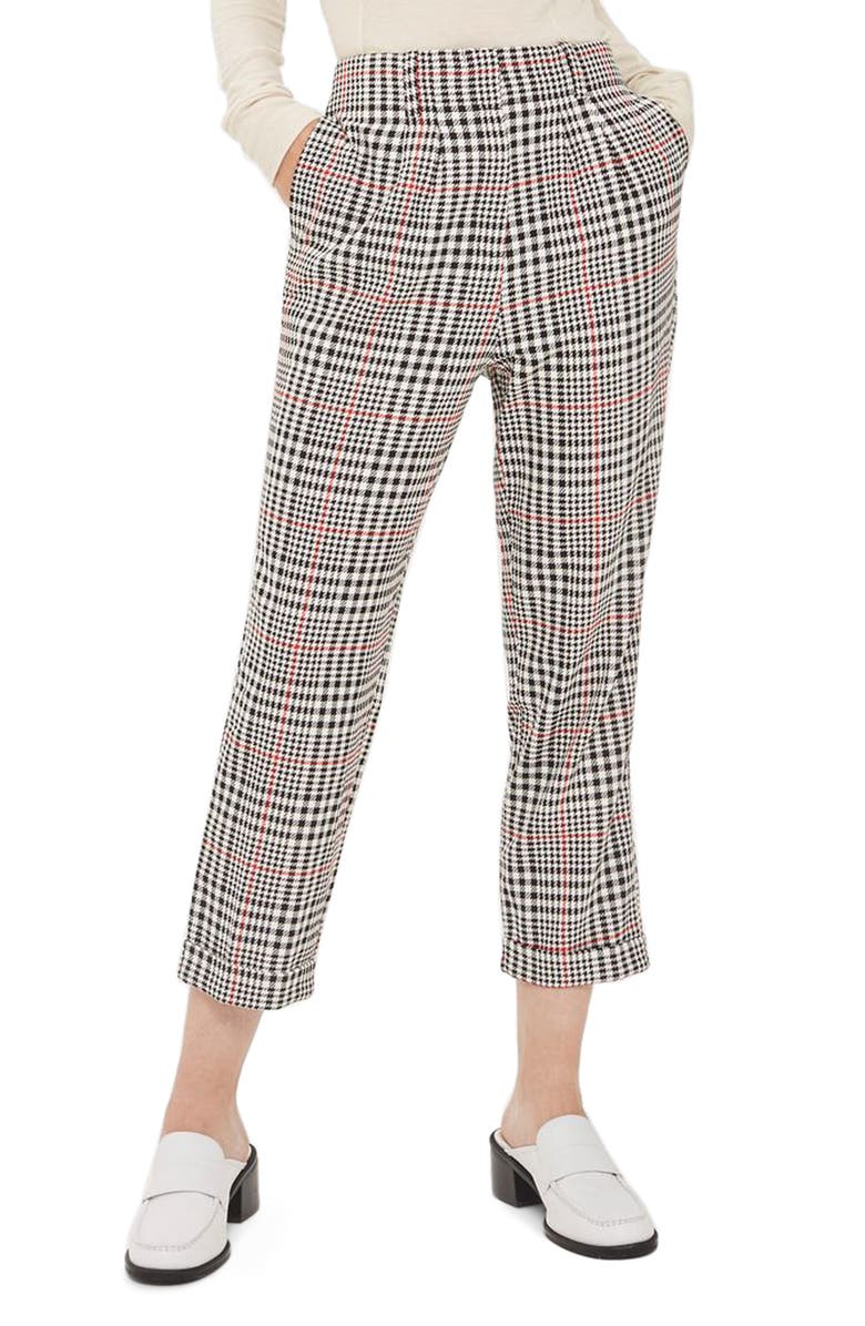 Topshop Red Pop Check High Waist Mensy Trousers, Main, color, 