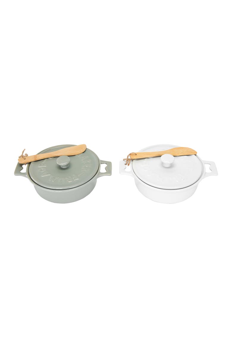 Round Lidded Stoneware Brie Bakers with Wood Spreaders, Main, color, Grey