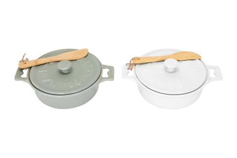 Round Lidded Stoneware Brie Bakers with Wood Spreaders