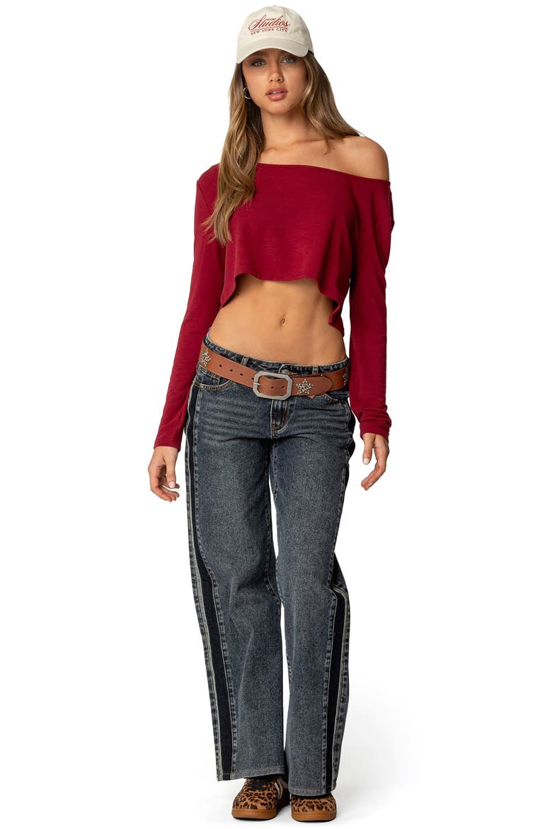One-Shoulder Long Sleeve Crop Top, Alternate, color, BURGUNDY