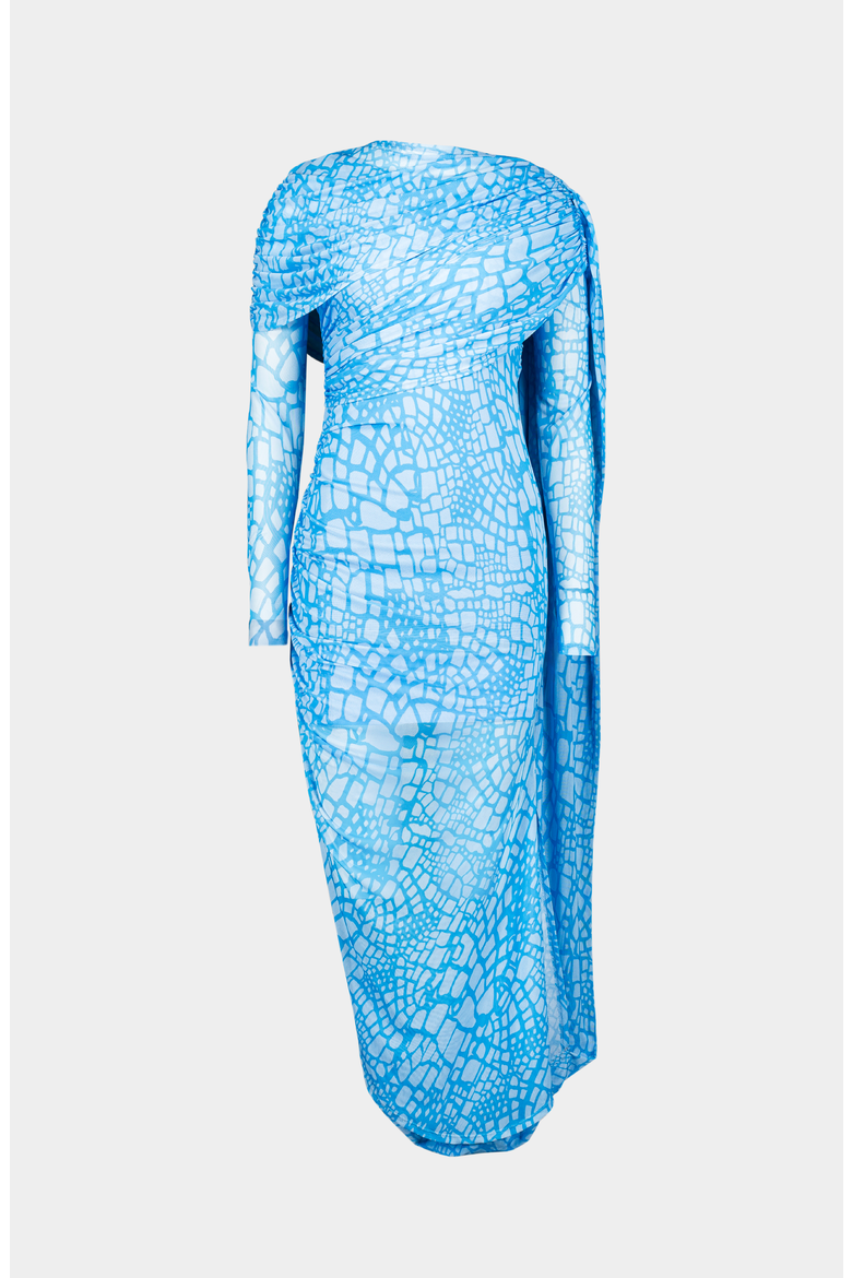 Reptile Printed Cape Dress, Main, color, Blue / White Reptile