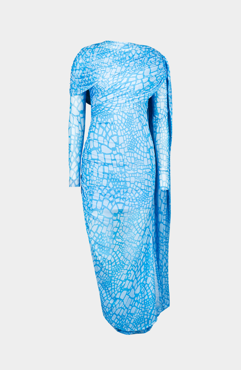 SAEMDI Reptile Printed Cape Dress, Main, color, Blue / White Reptile