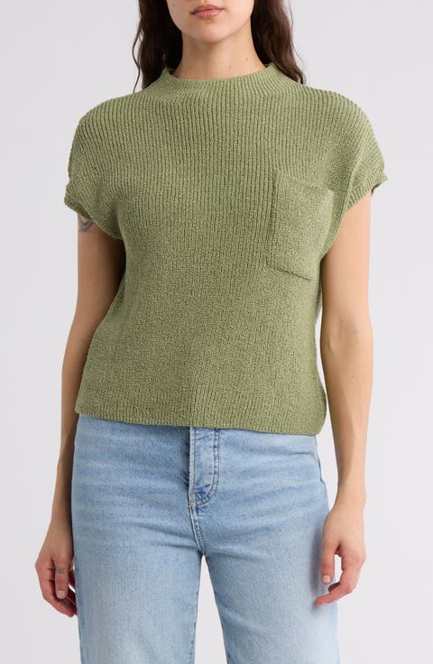 Mock Neck Cap Sleeve Ribbed Sweater