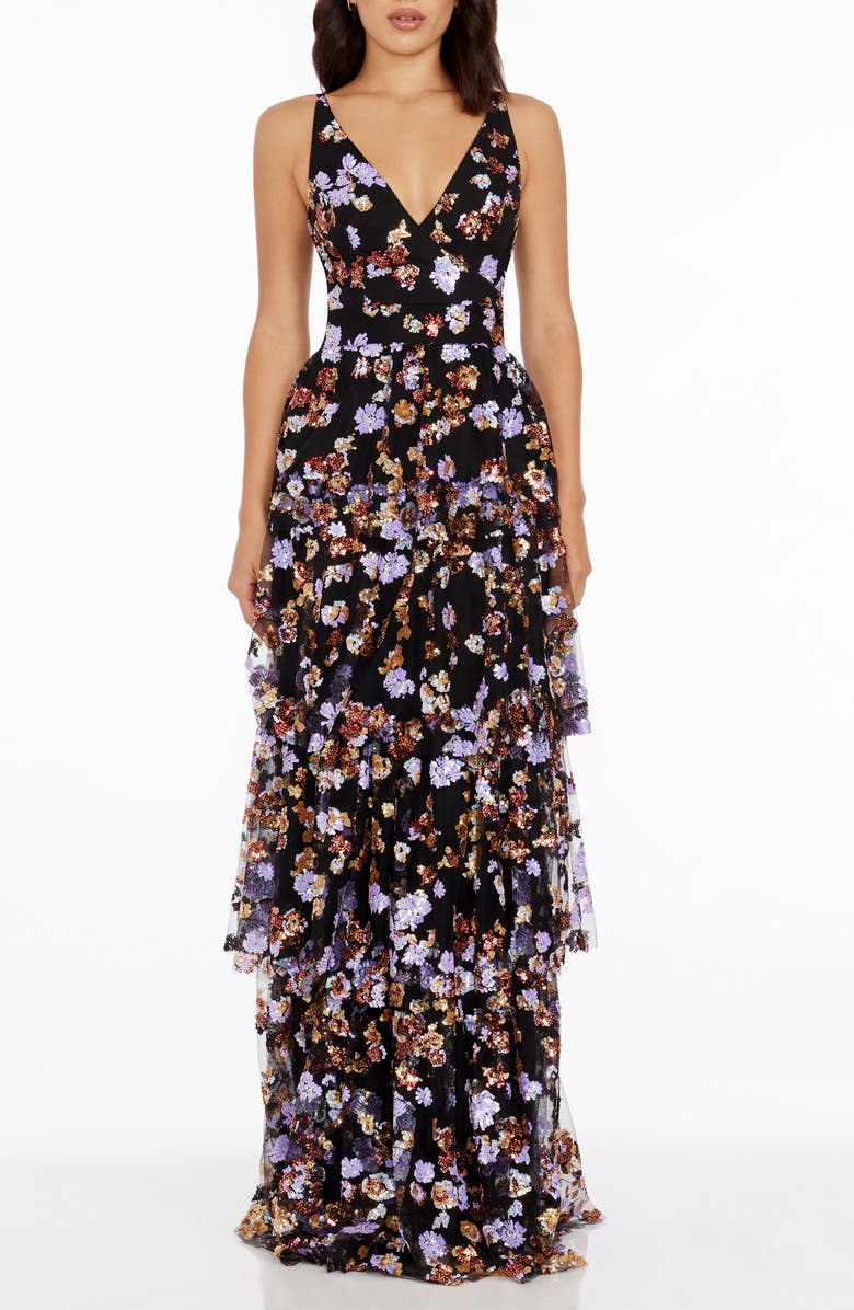 Dress the Population Lorain Sequin Tiered Ruffle Gown, Main, color, Black Multi