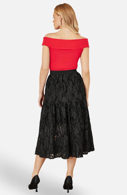 Yumi Mesh Applique Sequin Midi Skirt In Black