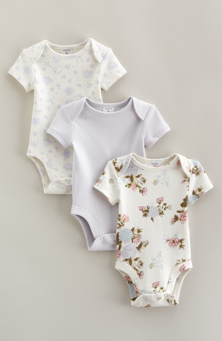 Nordstrom Assorted 3-Pack Bodysuits, Main, color, Purple- Ivory Floral Tea Set