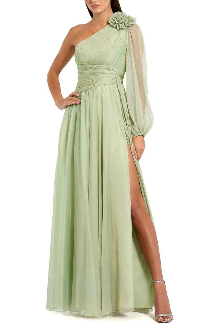 One Shoulder 3D Flower Gown With Slit, Main, color, Sage