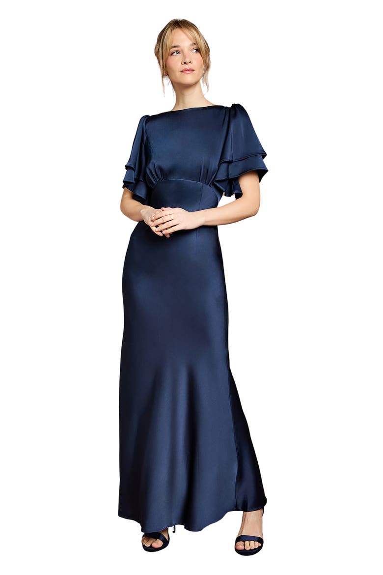 High Neck Crepe Maxi Dress, Main, color, Navy