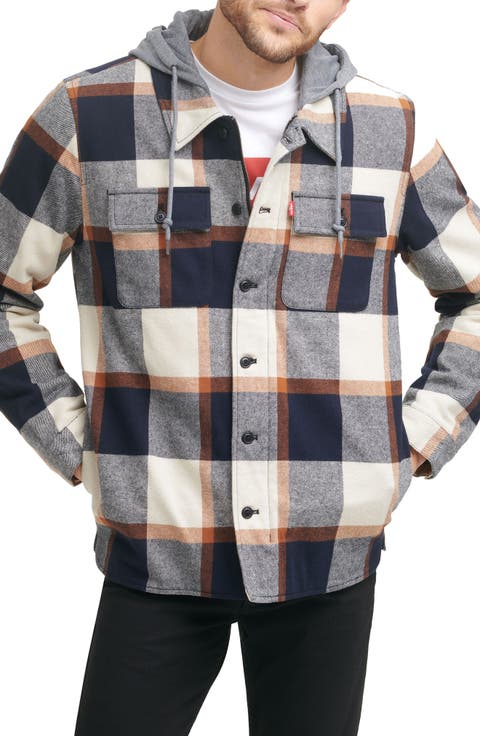 Plaid Faux Shearling Lined Jersey Hood Shirt Jacket