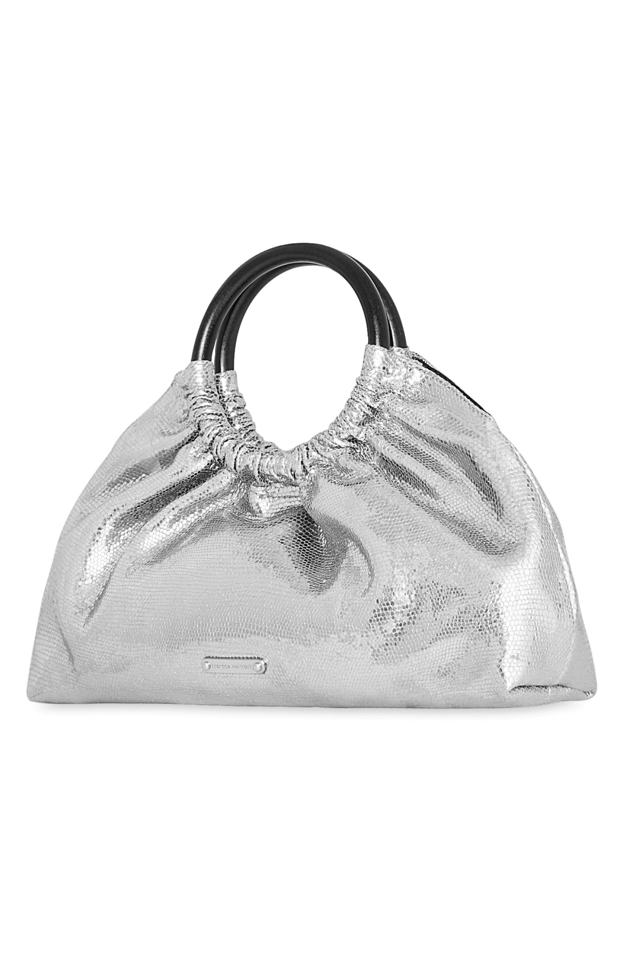 Rebecca Minkoff Mini Madeleine Metallic Leather Top Handle Bag, Alternate, color, Silver