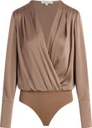 Favorite Daughter Surplice Long Sleeve Satin Bodysuit