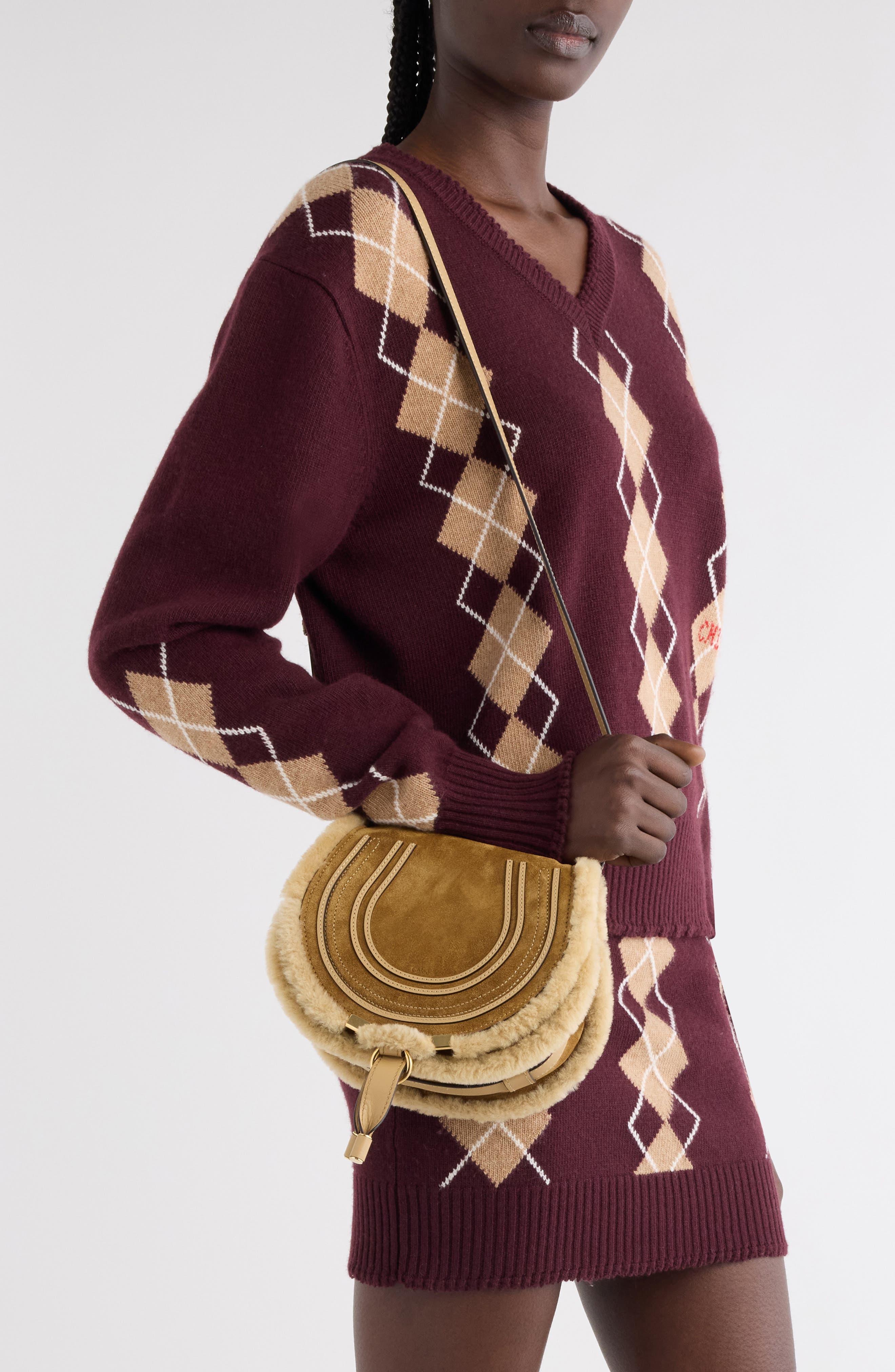 Chloé Medium Marcie Suede & Genuine Shearling Crossbody Bag, Alternate, color, Summery Beige