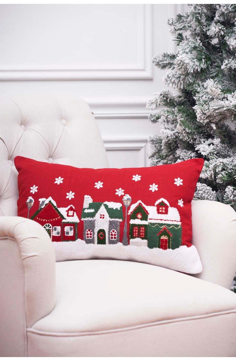 C&F Home Christmas Snowy Village Winter Wonderland Cotton Blend Accent Pillow 14" x 22", Alternate, color, Red
