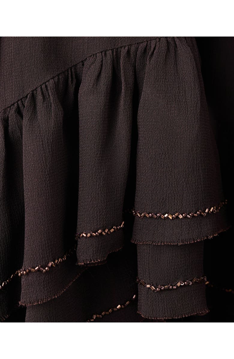 MANGO Bead Embellished Ruffle Tiered Tunic Top, Alternate, color, Brown