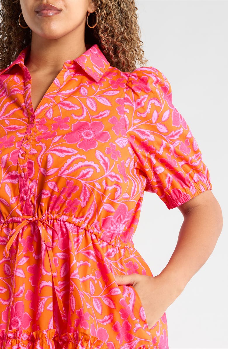 SUGARLIPS Rea Floral Stacie Puff Sleeve Button-Up Cotton Minidress, Alternate, color, Orange-Fuchsia