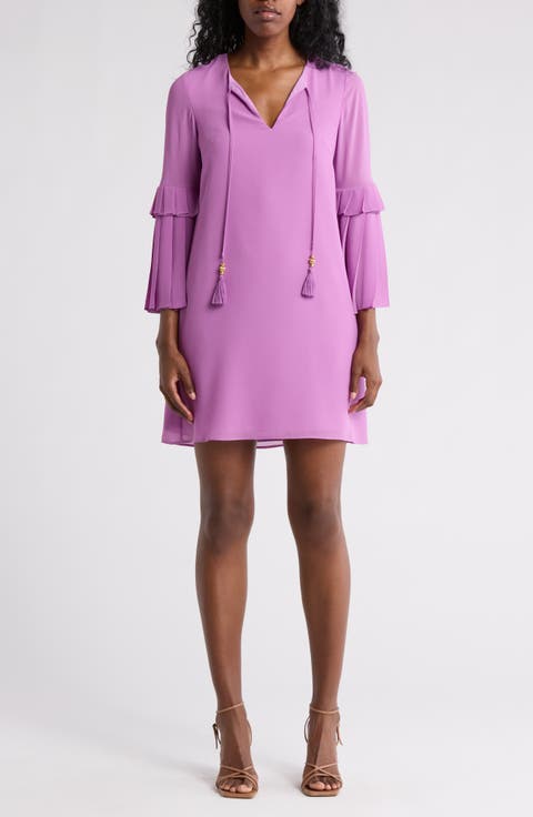 Float Wide Pleated Long Sleeve Chiffon Shift Dress