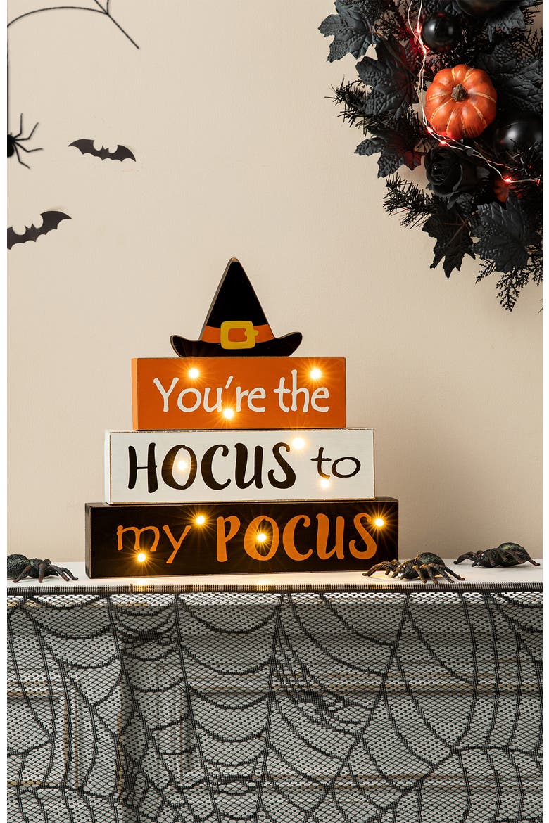 11.5"H  Halloween Wooden Lighted Witch/Word Block Table Decor w/Timer, Alternate, color, Brown