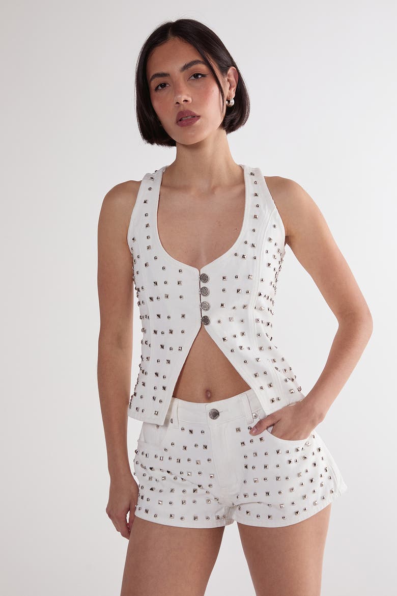 Studded Denim Corset Top, Alternate, color, White