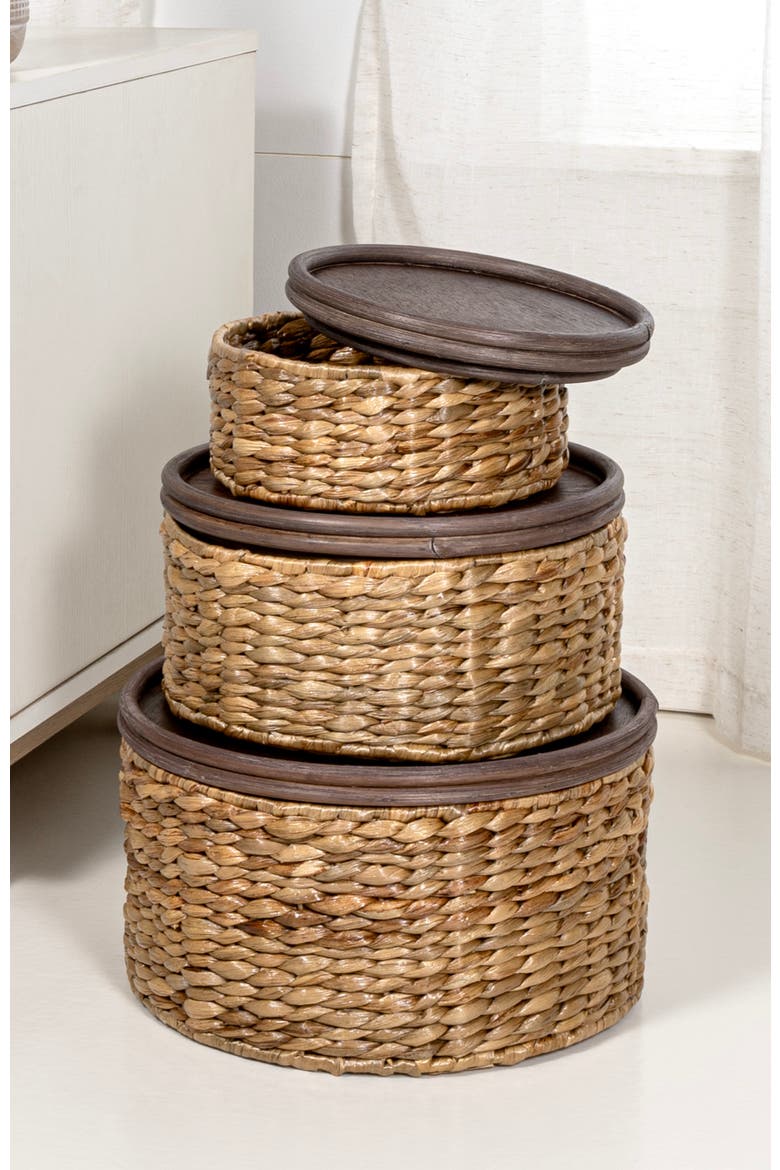 Gouda Southwestern Hand-Woven Hyacinth Circular Nesting Baskets with Wood Lids, Natural, Alternate, color, Natural