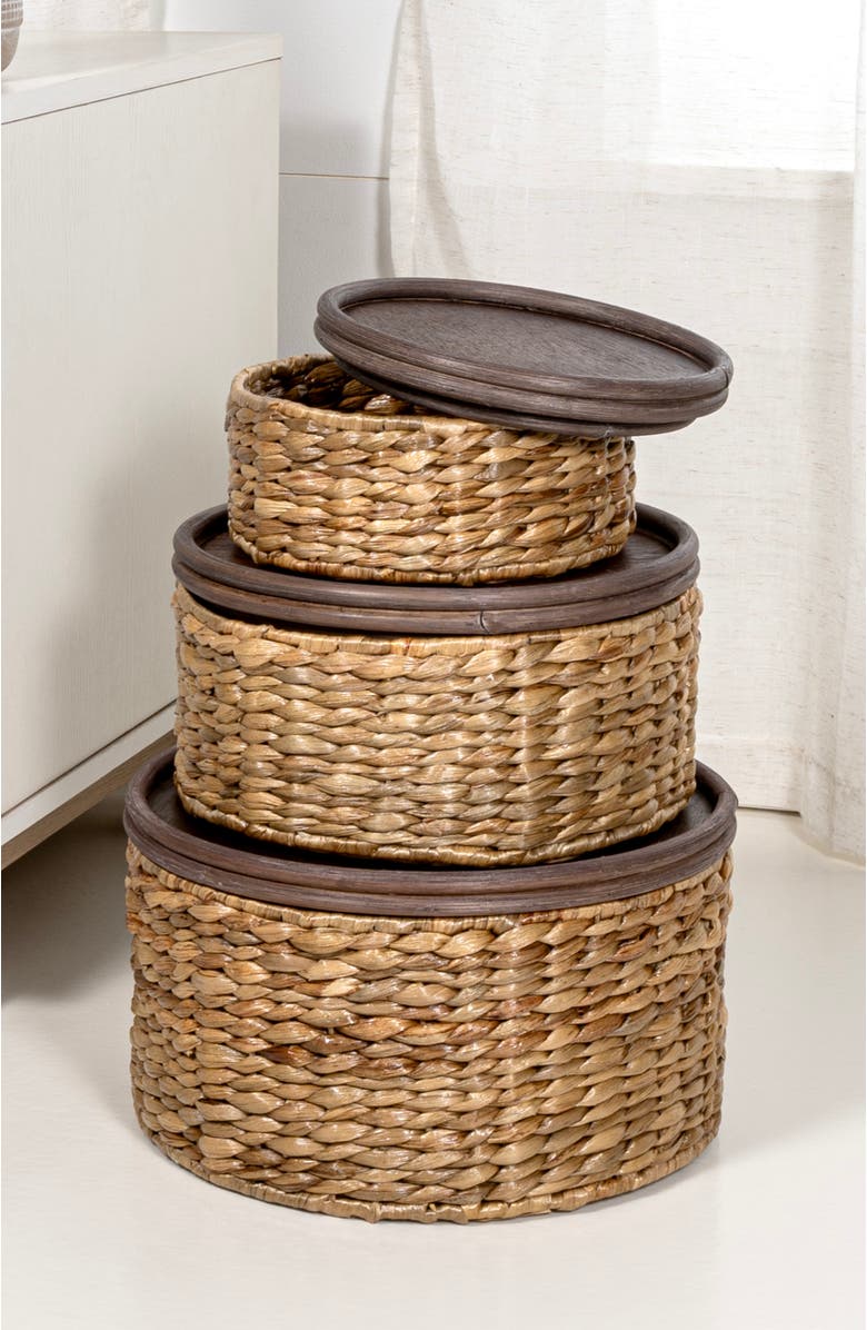 HAPPIMESS Gouda Southwestern Hand-Woven Hyacinth Circular Nesting Baskets with Wood Lids, Natural, Alternate, color, Natural