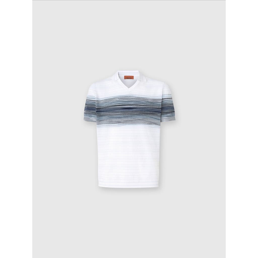 Missoni Honeycomb Cotton Knit Polo Shirt With Slub Detail In White & Blue