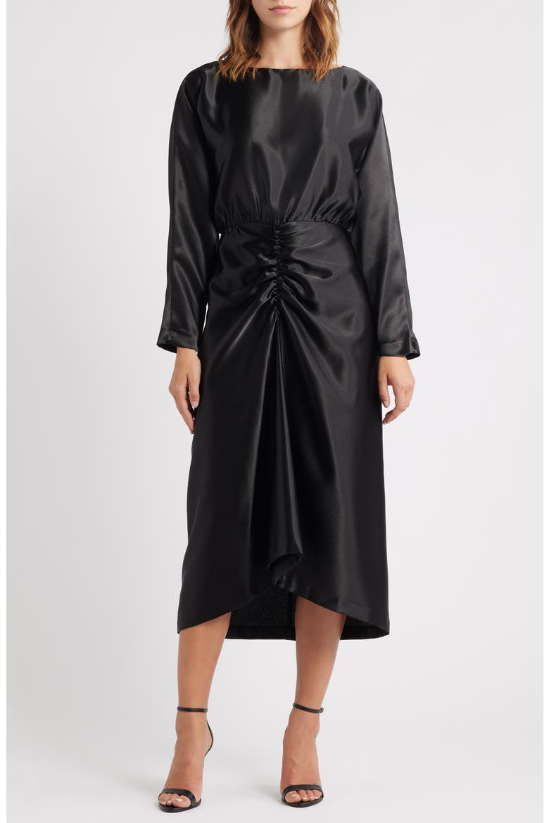 Long Sleeve Satin Cocktail Midi Dress, Main, color, BLACK