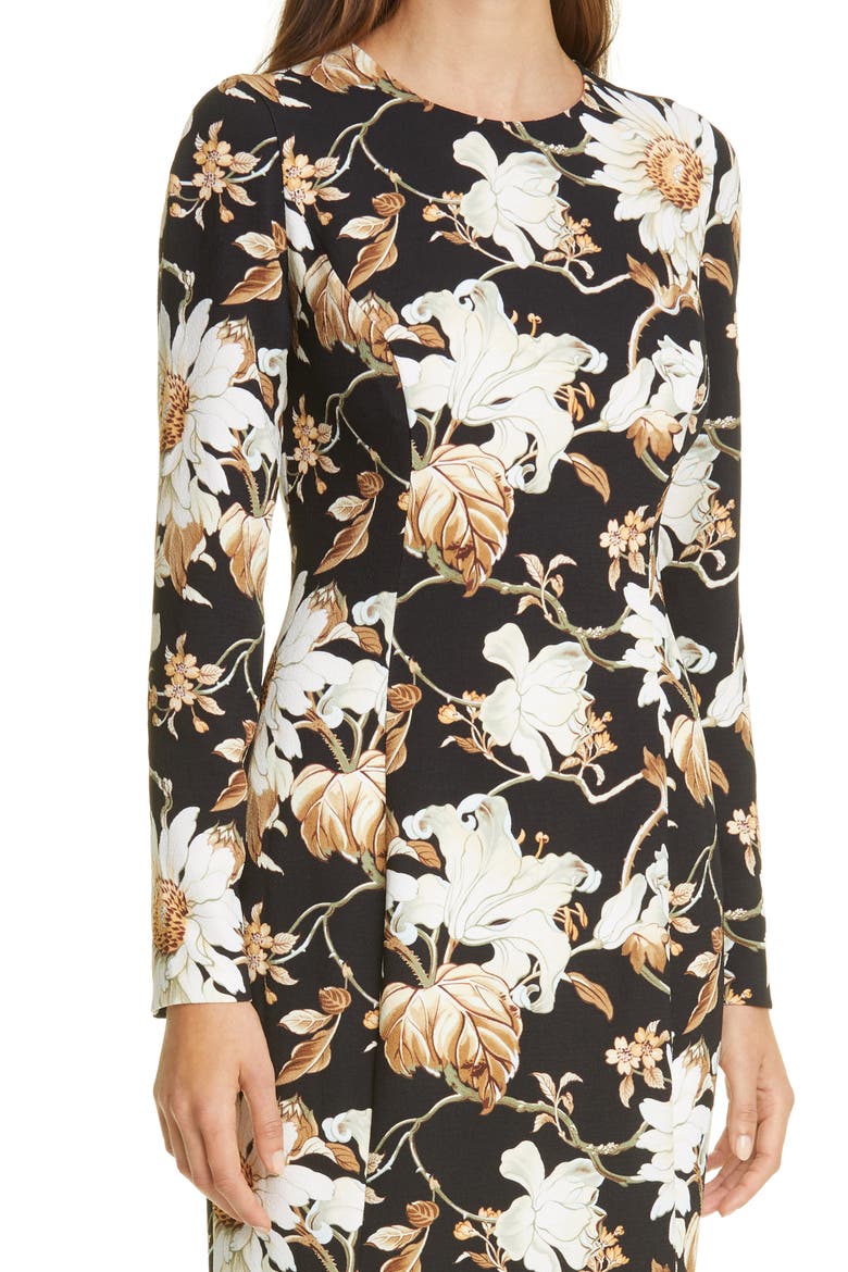 Flower & Vine Print Crepe Gown, Alternate, color, BLACK