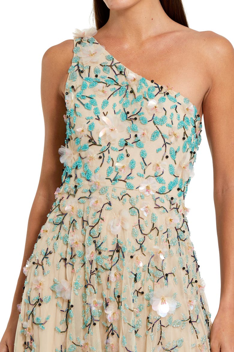 Women's Floral Embellished Mesh One Shoulder Midi Dress, Alternate, color, Nude Multi
