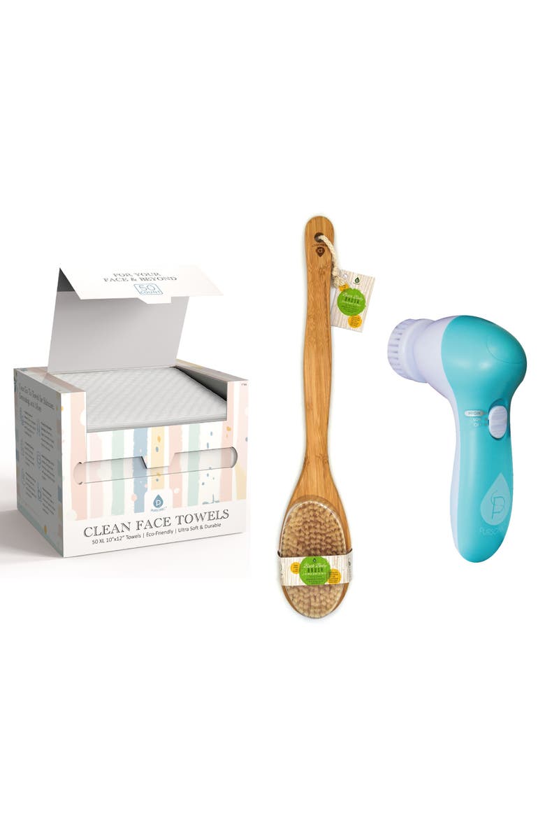PURSONIC Complete Head-to-Toe Cleansing Set - Advanced Facial Brush + Biodegradable Clean Towels + Body Brush, Main, color, White
