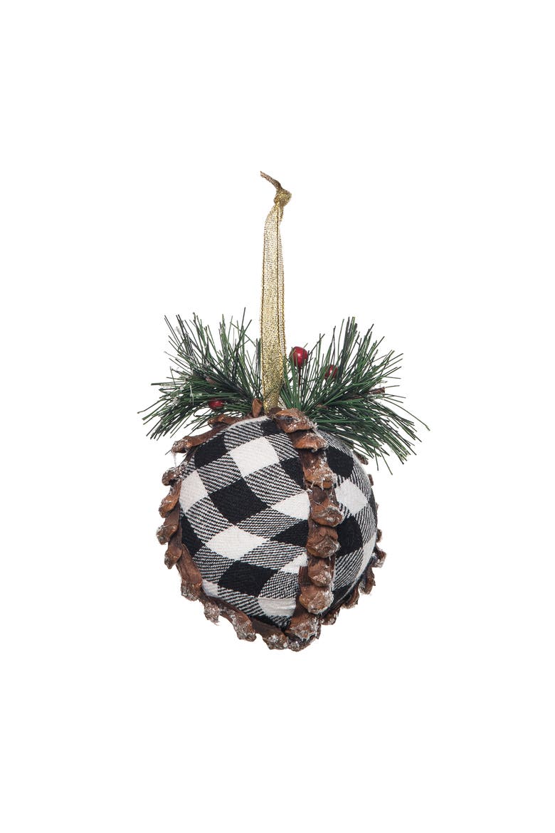 Black White Plaid Ball Christmas Tree Ornament, Alternate, color, Green