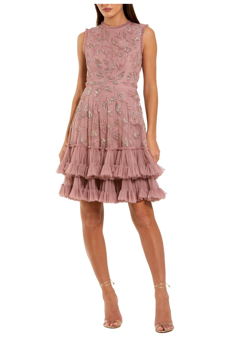 Mac Duggal High Neck Sleeveless Beaded Dress With Ruffled Hem, Main, color, Antique Rose