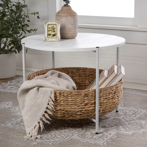 Happimess Carly 24.21" Modern Coastal Round Acacia Wood/water Hyacinth Coffee Table With Storage Bas
