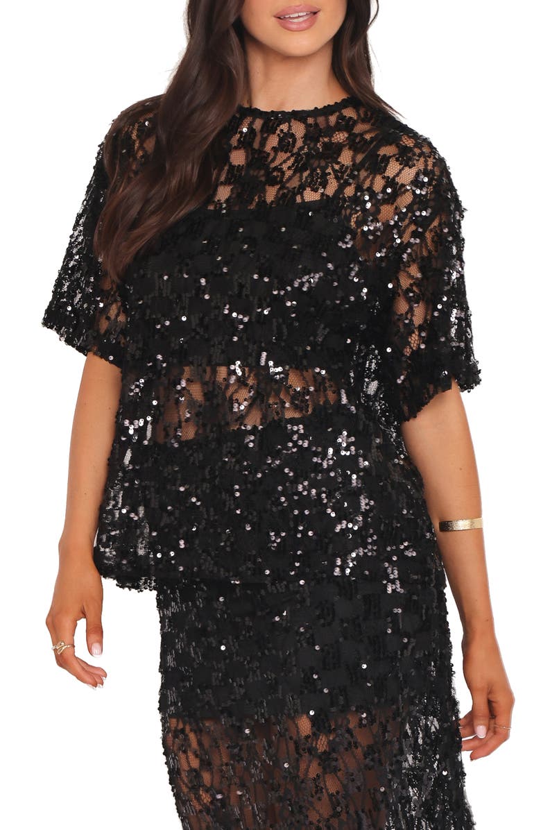 Petal & Pup Yonder Oversize Check Sequin Floral Lace Top, Alternate, color, Black