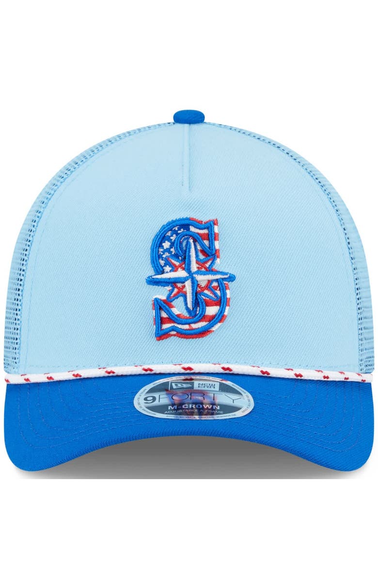 New Era Men's New Era Light Blue/Blue Seattle Mariners 2025 Fourth of July 9FORTY A-Frame M-Crown Adjustable Trucker Hat, Alternate, color, 