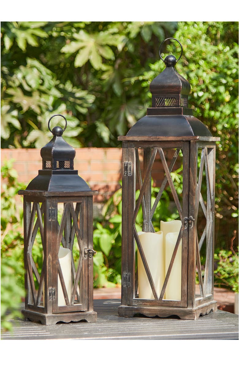 Glitzhome Set of 2 Oversize Farmhouse Hanging Candle Holders Decorative Floor Lanterns, Alternate, color, Black