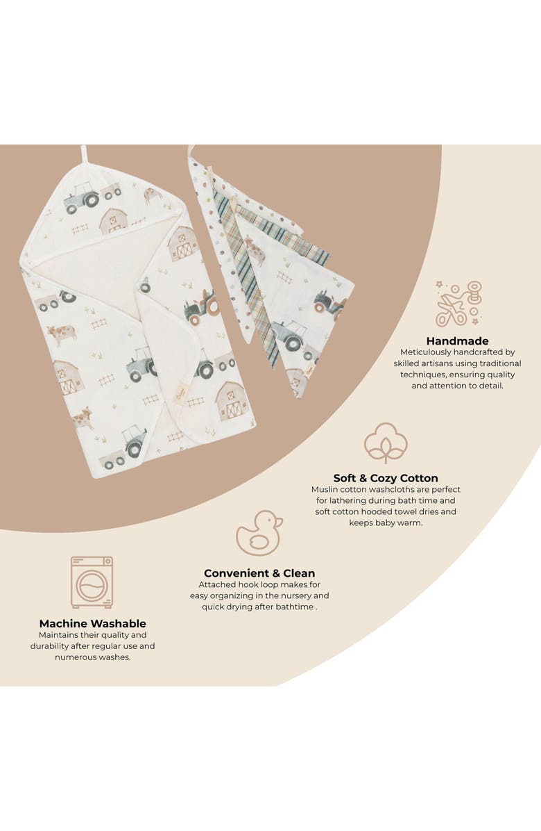 CRANE BABY Tractor Assorted 3-Pack Washcloth & Hooded Bath Towel Set, Alternate, color, Beige