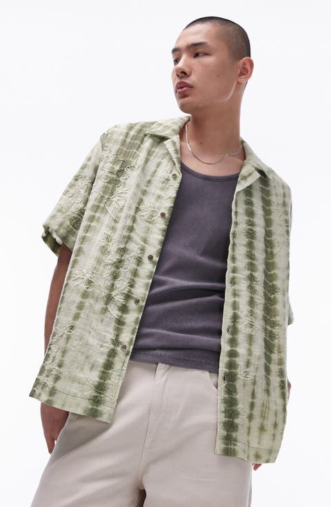 Floral Embroidered Tie Dye Stripe Camp Shirt