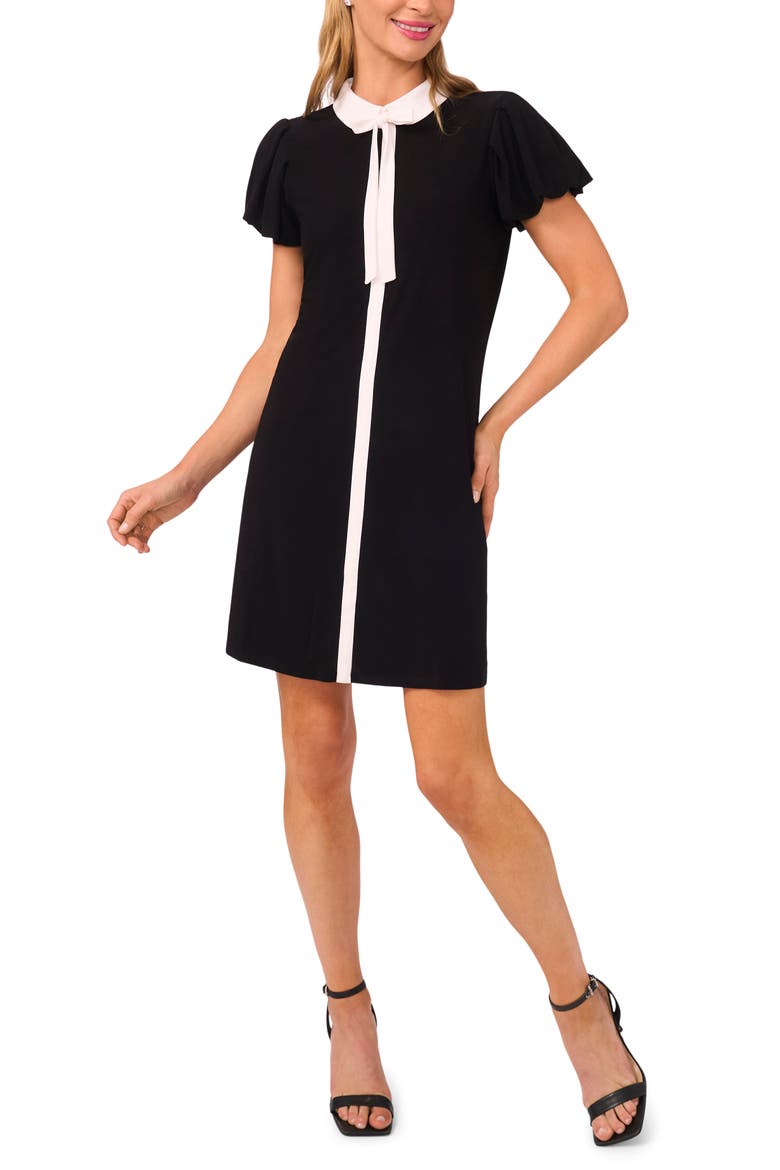 Tie Neck Puff Sleeve Dress, Main, color, RICH BLACK