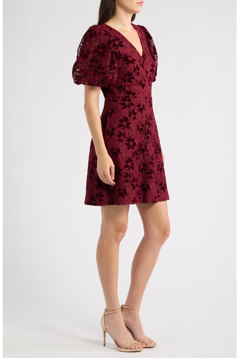 V-Neck Puff Sleeve Fit & Flare Dress, Alternate, color, WINE