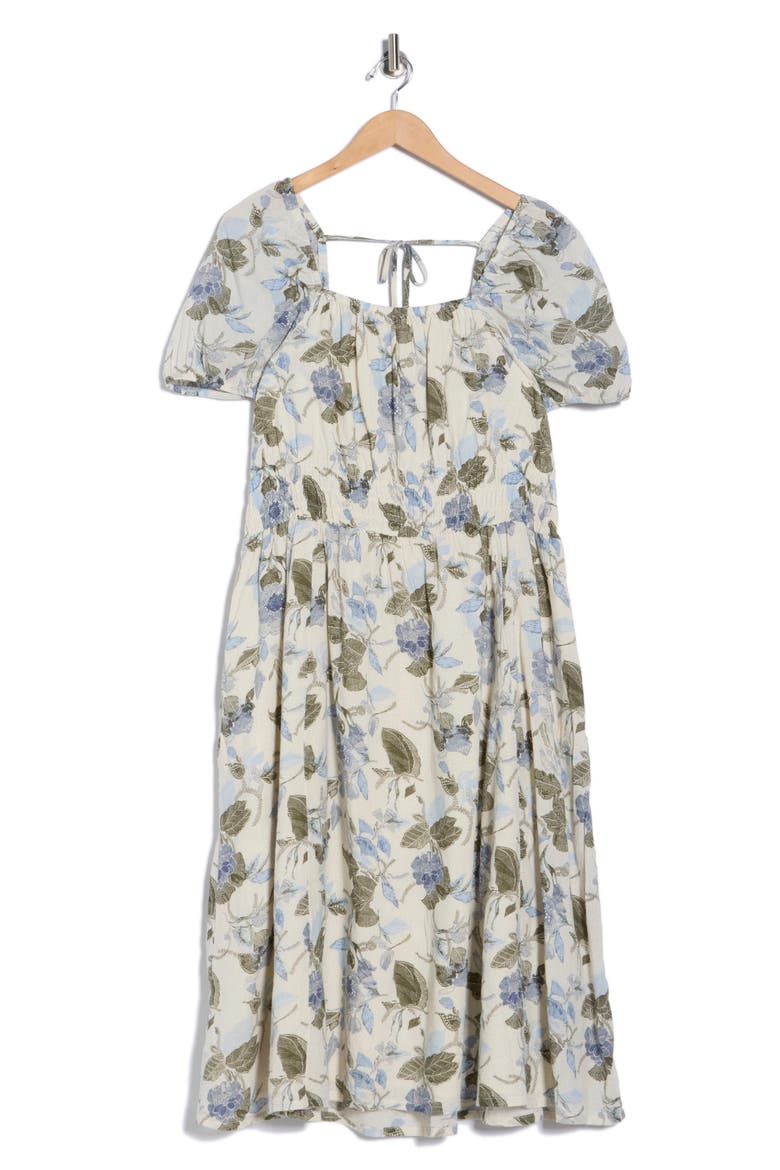 Puffed Sleeve Cotton Midi Dress, Alternate, color, IVORY- OLIVE JACOBEAN BLOOM