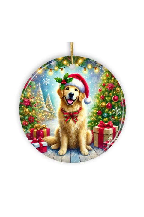Golden Retriever Santa Hat Holiday Round Ornament