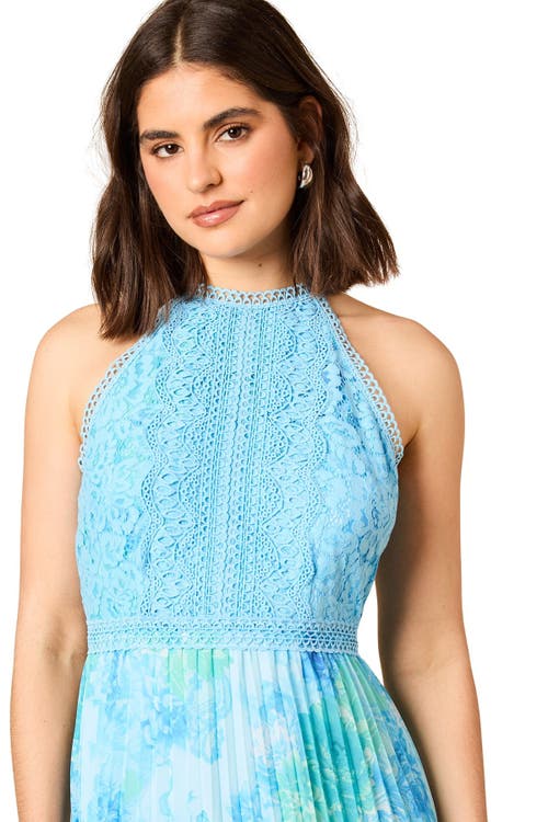 Oasis Printed Lace Mix Halterneck Midi Dress In Blue